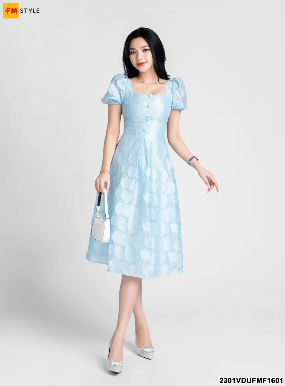 Váy hoa xanh trễ vai đầm hoa voan tơ 2 lớp bồng bềnh có chun lưng bồng bềnh  - Chân váy | ThờiTrangNữ.vn