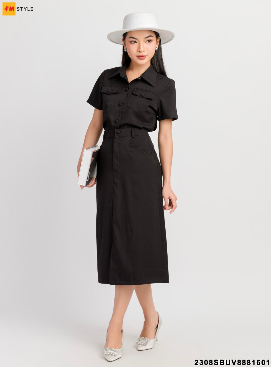 Áo váy kiểu áo sơ mi tay dài váy ngắn kết nút | AlvinStore.Vn